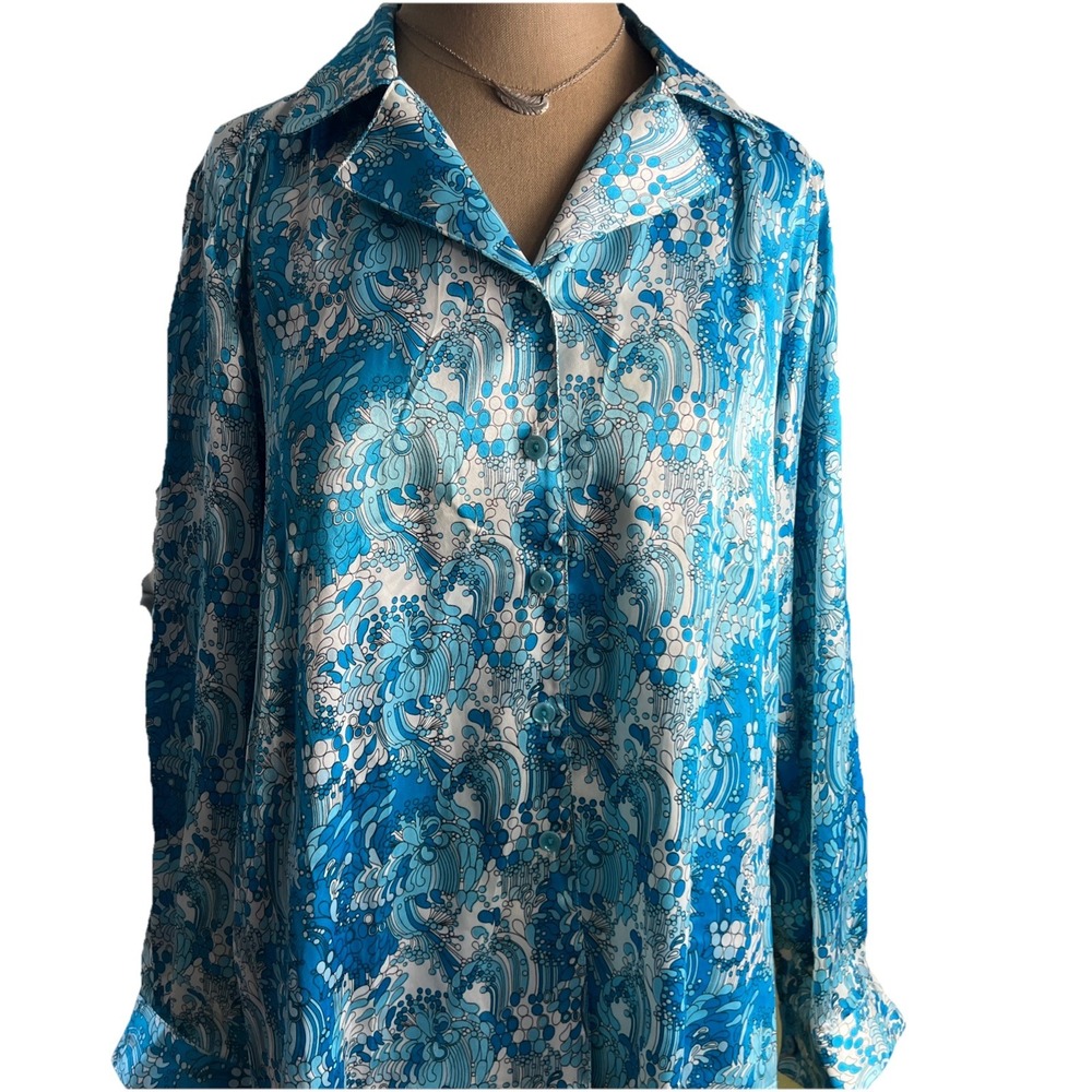 Vintage Print Blouse US  10‎ Pet Mod US Retro Silky Geometric Dressy 70s Geek